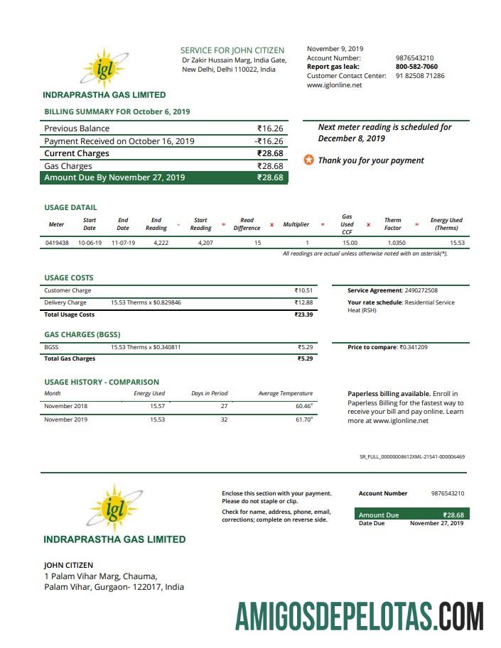 Projeto de lei de serviços públicos de gás Indraprastha da Índia exemplo real